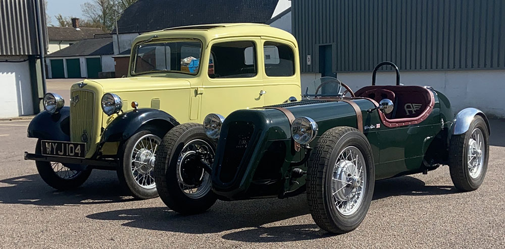 The prototype next to the Austin 7 that John converted, this was where the idea of making the Arrow an electric car came from